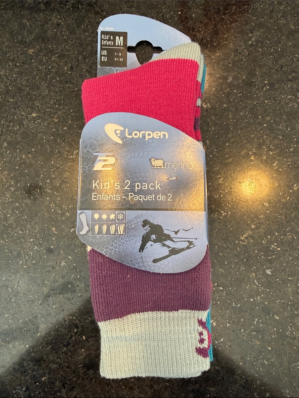 Kids 2-Pack Merino Socks size M or 1-3- Pink & Purple